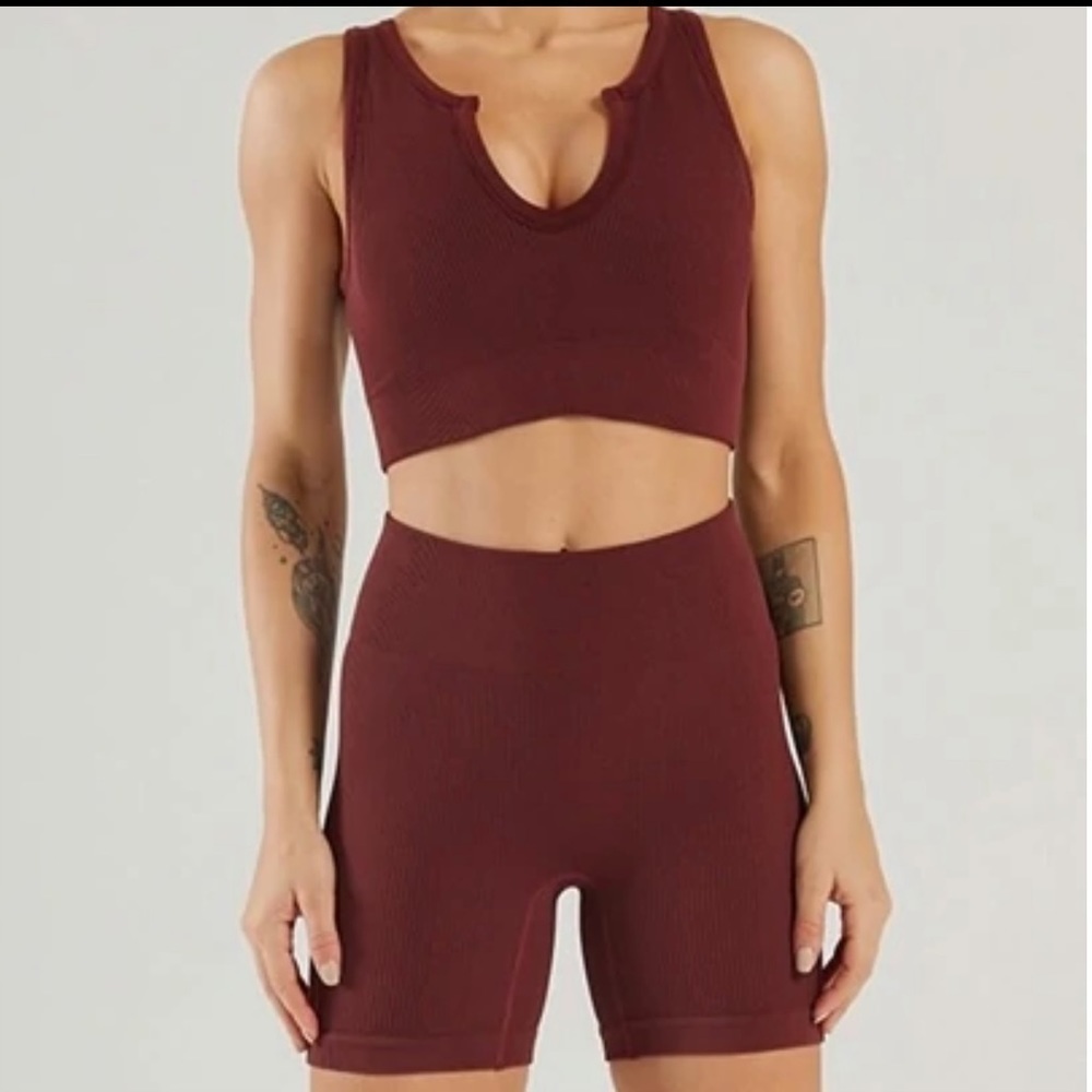 Ribbed two piece biker short set in coffee